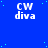 Blue background with scattered light blue dots, repeated white text 'CW diva' in three , and a solid gray rectangle in the bottom-right corner