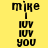 Yellow background with black text 'mike', 'i', 'luv', 'you' arranged vertically; pink rectangular blocks shift position across frames.