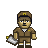 Pixel art character in brown uniform with yellow accents, holding a white and gray object resembling a delivery bag or tray.