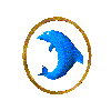 Blue dolphin in golden ring transitions through multiple poses against gray background.