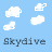 Animated contact sheet showing 18 frames of a skydiving buddy icon with repeated "Skydive" text, featuring pixelated clouds and a character in yellow gear descending through blue background.