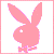 Pixelated pink bunny silhouette with long ears, white eye dot, and bow tie on a white background framed by light pink border.