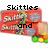 Two side-by-side pixelated images of a red candy box with green and yellow gumballs, each displaying different text above the box.