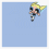 Pixelated cartoon character with blonde hair and large black eyes flies through light blue background, holding a white cylindrical object.