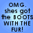 Four identical of pixelated text on a blue gradient background, each reading "OMG. shes got the BOOTS WITH THE FUR!" in black blocky letters