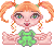 Pixelated cartoon character with orange pigtails and green dress in two expressions: open eyes and closed eyes.