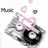 A pixelated image shows a black-and-white turntable with pink hearts floating above it, set against a white background with 'Music' text in the top-left corner.