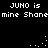 Black background with white pixelated text reading "JUHO is mine Shane" repeated twice, accompanied by small white dot animations.