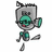 Pixelated cartoon character with teal face and gray body in three walking poses, each with one leg raised and arms positioned differently.