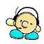 Pixelated character with beige face, black headphones, yellow earpieces, green pants, and a smiling expression in various poses.