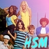 Six people pose outdoors with a purple-pink gradient sky; a large cyan 'HSM' text overlay appears at the bottom right.