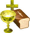 Animated contact sheet showing five frames of a religious-themed buddy icon with golden chalice, bread loaf, and cross symbols on gray background.
