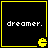 Four identical black square with yellow borders, each containing white text 'dreamer.' and a yellow Pac-Man-like icon at bottom-right