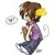 Pixelated character with brown hair and yellow hair accessory, wearing purple top and dark pants, holding brown object, surrounded by white swirls.