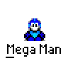 A 4x4 contact sheet of pixel art frames showing Mega Man in various poses with blue energy effects, each labeled "Mega Man" below the character.
