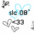 Pixelated icon with blue heart outline, black text 'sle 08', and gray '<33' symbol on white background.