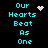 Pixelated cyan text 'Our Hearts Beat As One' on black background with animated white heart and starburst symbols.