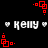 Pixelated red square patterns and white text 'kelly' with heart symbols on black background.