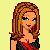Pixelated cartoon woman with brown hair and blue eyes, wearing a black top with red accents on a yellow background.