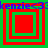 A static image with four red and green square frames arranged in a , each containing nested squares of alternating colors, overlaid by blue text reading "kenzie<3"