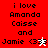 A pixelated text-based icon with four quadrants displaying 'i love Amanda Caisse and Jamie <33' in black font on red, pink, white, and light pink backgrounds.
