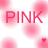 Pixelated pink text 'PINK' centered on white background with scattered pink circular gradients and a small solid red heart shape.