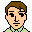 Two pixelated character faces with brown hair and light green collars, one with open eyes and the other with closed eyes, against a gray background.
