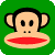 Pixelated cartoon monkey face with large red lips on green background, static single-frame icon.