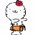 Pixelated cartoon character with white body, orange shorts, red flower on head; two versions show different text below the figure.