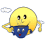 Yellow circular face with black eyes and nose, blue lower body, white wings, red mouth detail; two side-by-side views show different facial expressions.