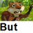 Animated sequence of a cartoon squirrel-like character with brown fur and white chest, raising its right paw against green foliage background while text appears below.