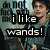 A pixelated image of a person holding a wand with overlaid text reading 'do NOT flick with me.' and 'i like wands!' in black boxes.