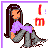 Animated contact sheet of a cartoon girl icon with changing text overlays across 21 frames, showing variations in pose and color-coded phrases like "I'm" and "so sorry" on purple backgrounds.