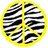 Three circular icons with yellow borders and black-and-white zebra stripes, each containing a peace symbol in the center.