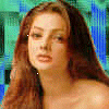 nine static images showing a woman with long brown hair in various poses and backgrounds, each cropped to focus on her face and upper body