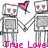 Two pixelated robot figures holding hands with a pink heart above them and "True Love" text below in bright pink.