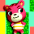Pixelated pink animal with striped shirt stands against green and cyan background, eyes wide, mouth open in smile.