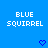 Blue background with white pixelated text 'BLUE SQUIRREL' on left and right, two blue heart symbols below center.