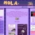Pixelated static image showing a purple-themed webpage with 'HOLA' text at top, a central panel with indistinct content, and sidebars containing small images and text elements.