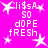 Bright pink background with white pixelated text and star shapes arranged in a pattern