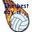 A pixelated volleyball on fire with blue text reading "The best day is..." and "one on the court!!"