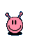 Pink circular character with two antennae, smiling face, and black base on gray background; multiple variations of head shape and eye expression across frames.