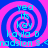 A static digital image with a blue and pink spiral background, displaying repeated text in cyan font.