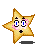 Two pixelated star-shaped characters with blue eyes and black pupils, one yellow-orange, the other pink-purple, both have blush marks on cheeks and open mouths.