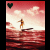Pixelated static image of a stick figure surfing on red water under a pink sky with clouds and a heart symbol in the top-left corner.