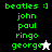Green pixelated text lists 'beatles :]', 'john', 'paul', 'ringo', and 'george' with a white star next to 'george' on black background, then changes to black star on white background.