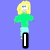 Pixelated character with blonde hair and green shirt stands against blue background, text elements change across frames.