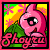 A 2x2 contact sheet of four animated frames showing a pink Shoyru character with large eyes and a green body against changing colorful backgrounds, each frame featuring the text "Shoyru" in red cursive font at the bottom.
