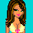 Pixel art contact sheet showing multiple frames of a bikini-clad woman holding a beach ball with text asking "where is the beach?" on cyan background.