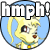 Static pixel art icon featuring a yellow cartoon dog with blue background and "hmph!" text above it, rendered in low-resolution style typical of early 2000s AIM buddy icons.